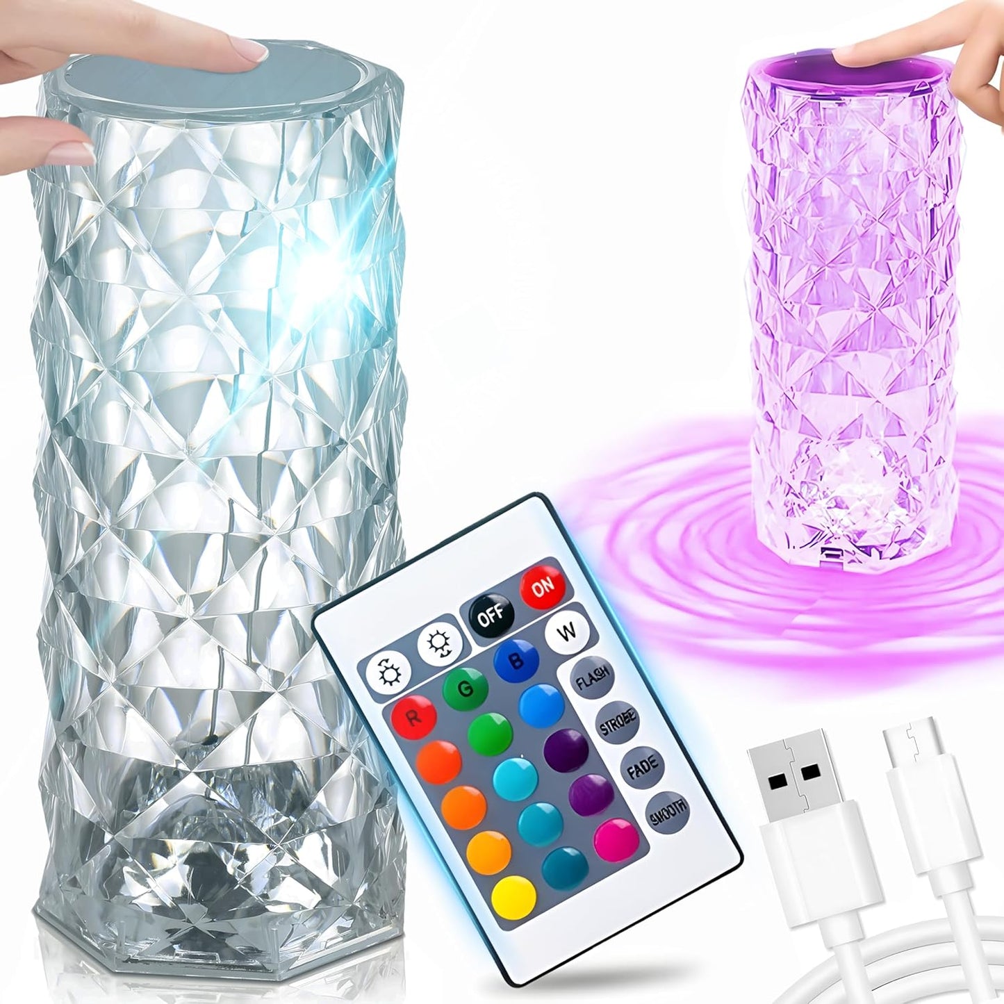 169211 - RETOO Llambë Tavoline Kristali në formë Diamanti, me USB-C, Kontroll me Prekje, Errësim dhe Telekomandë, 4 Modalitete Drite, Material Akrilik, Dritë Ndryshuese RGB, e përshtatshme për Dhomën e Gjumit dhe Dhomën e Ndenjejes
