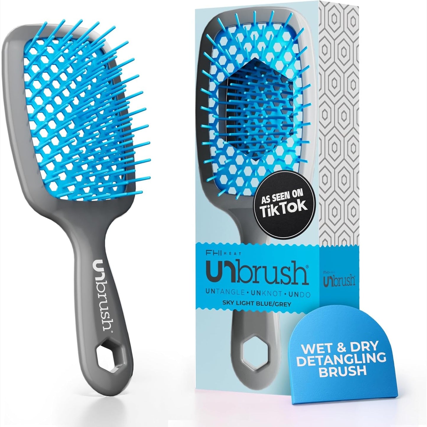 275551 - FHI HEAT Furçë UNbrush për krehje pa dhimbje të flokëve, fije antistatike DuoFlex, dorezë e lehtë, Blu e Çelët/Gri