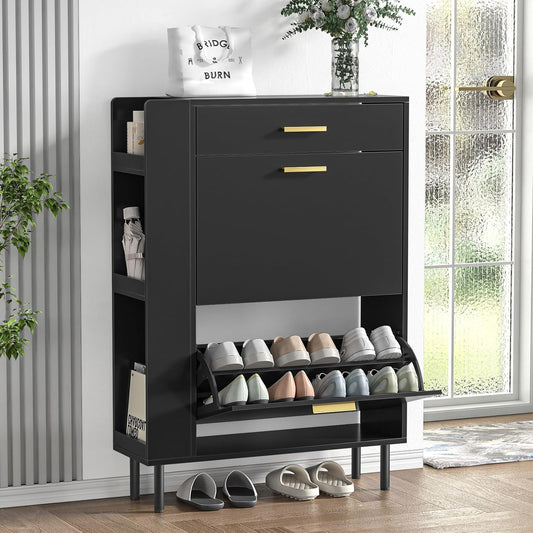 167029 - YVSEVNR Dollapi i Ngushtë për Këpucë me 2 Dyer, 1 Sirtar dhe 3 Ndarje të Hapura, Kapacitet 12-16 Palë Këpucësh, Pavarur, për Korridor dhe Hyrje, ngjyra e Zezë, Rafte të Rregullueshme