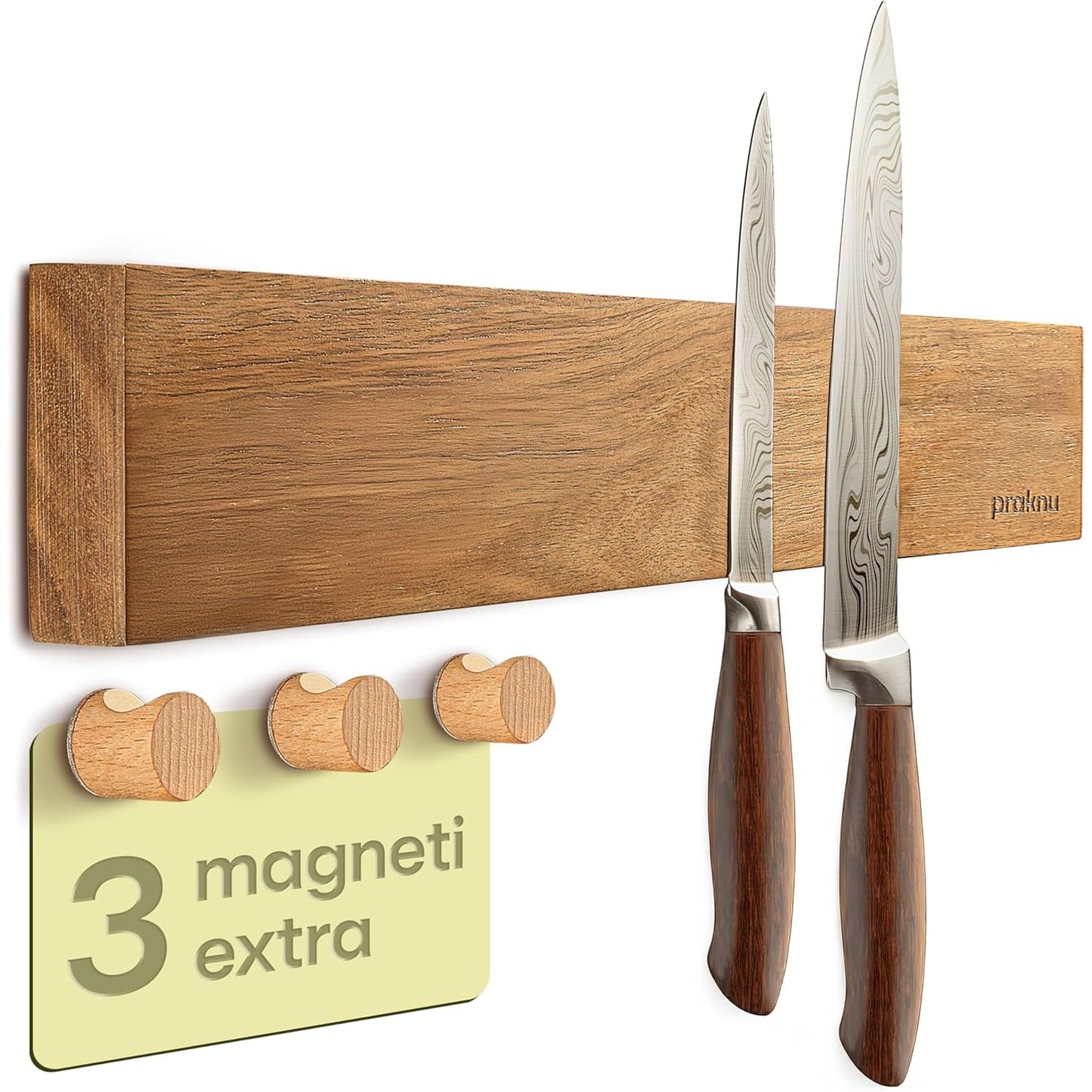 225109 - PRAKNU Mbajtëse Magnetike për Thika 40 cm, dru akacie, 3 grepa magnetikë