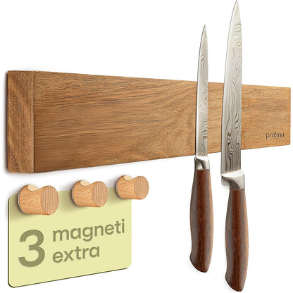 225109 - PRAKNU Mbajtëse Magnetike për Thika 40 cm, dru akacie, 3 grepa magnetikë