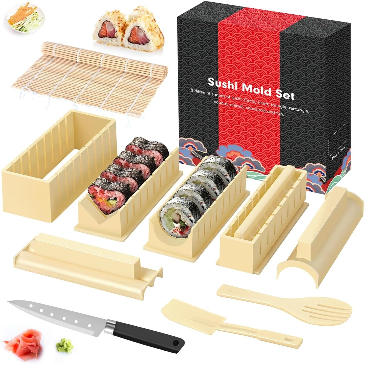 218477 - SKYSER Set për përgatitjen e sushit, kit me 20 pjesë për fillestarë, për rrotullimin e orizit, i kuq