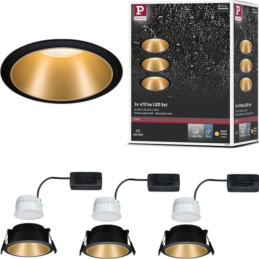 239420 - PAULMANN 93404 LED Cole i rrumbullakët me 3 drita të ndriçuara me errësim 3x6 vat, e zezë, llambë e fshehur ngjyrë ari mat, plastikë, dritë ndriçimi tavani prej alumini me zink 2700 K, 19.5 W, set me 3 pjesë