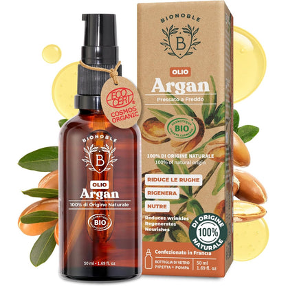 317673 - BIONOBLE Vaj Argani Organik, 50ml - I Presuar në të Ftohtë në Marok, 100% i Pastër, Natyral, Pa Heksan - Shishe Qelqi me Pipetë dhe Pompë