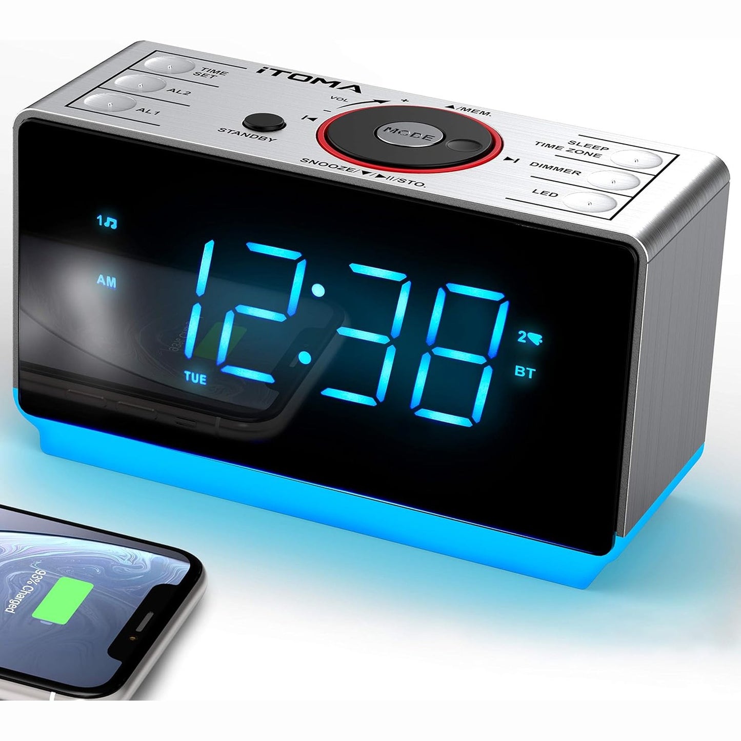 268732 - iTOMA Radio me orë alarmi me altoparlantë Bluetooth, radio FM, alarm të dyfishtë me shtyrje, ekran të madh LED, kontroll të errësimit, dalje karikimi USB dhe dritë nate CKS708