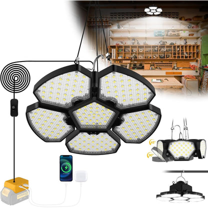 186482 - T-SUN Dritë Garazhi LED 65W 2500LM për Bateri Dewalt, Prozhektor Rikarikueshëm 6000K me 5+1 Panele të Rregullueshme, Dritë Pune Portative për Kamping, Kantier Ndërtimi, Garazh, Punishte (Bateria nuk Përfshihet)