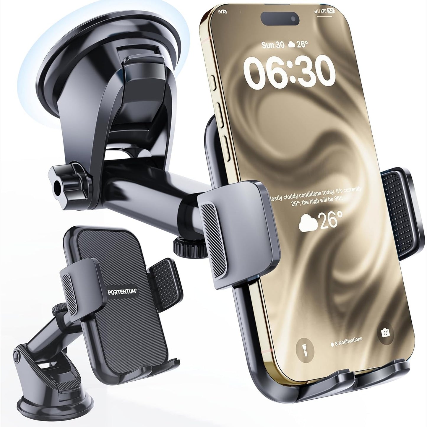 274342 - PORTENTUM Mbajtëse Telefoni për Makinë me Kupë Thithëse të Përforcuar, Rrotullim 360°, Krah i Zgjerueshëm, Kompatibël me Telefona 4 deri në 7.5"