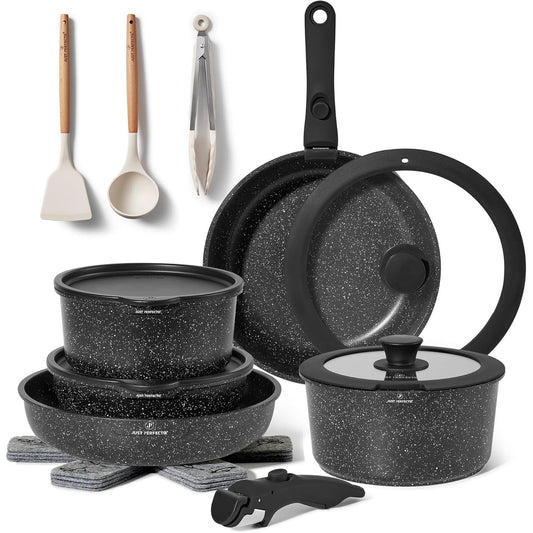 170065 - SETI I ENËVE TË GATIMIT Në 18 Pjesë - Tenxhere dhe Tiganë jo-ngjitëse me Doreza të Lëvizshme, Të Përshtatshme për të Gjitha Sobat, Përfshirë edhe ato me Induksion, Pa PFOA (e Zezë)