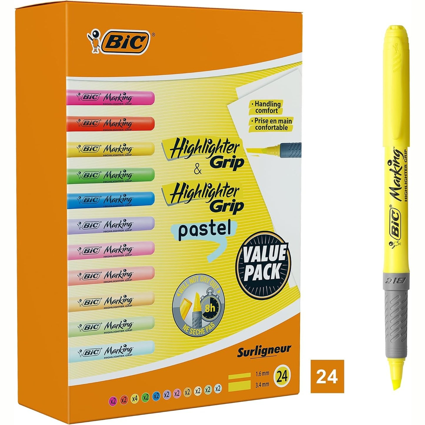 274103 - BIC Shënues me Kapëse me Majë Daltë, Ngjyra të Përziera Intense dhe Pastel Fluoreshente, Kuti me 24 copë