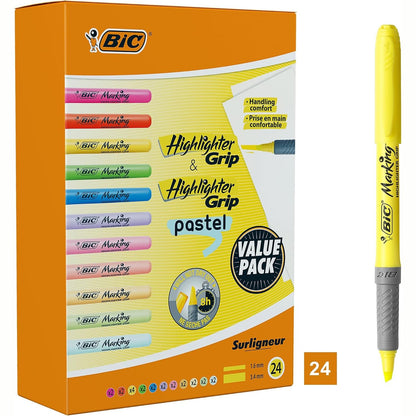 274103 - BIC Shënues me Kapëse me Majë Daltë, Ngjyra të Përziera Intense dhe Pastel Fluoreshente, Kuti me 24 copë