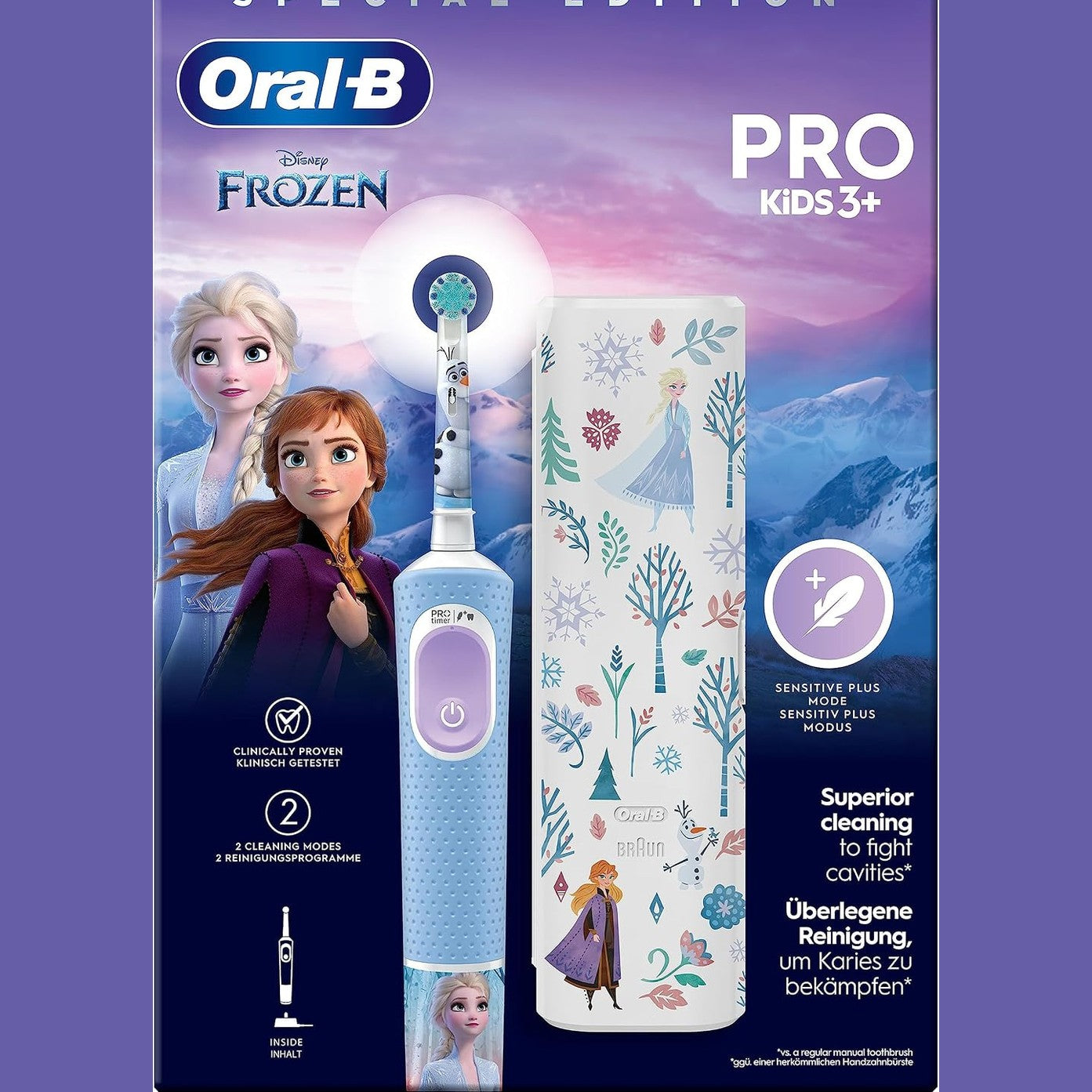 293152 - ORAL-B Furçë dhëmbësh elektrike Pro Kids Frozen për fëmijë, për moshat 3 vjeç e lart, përfshin 1 kokë furçe, çantë udhëtimi dhe 2 mënyra pastrimi, Blu/Vjollcë