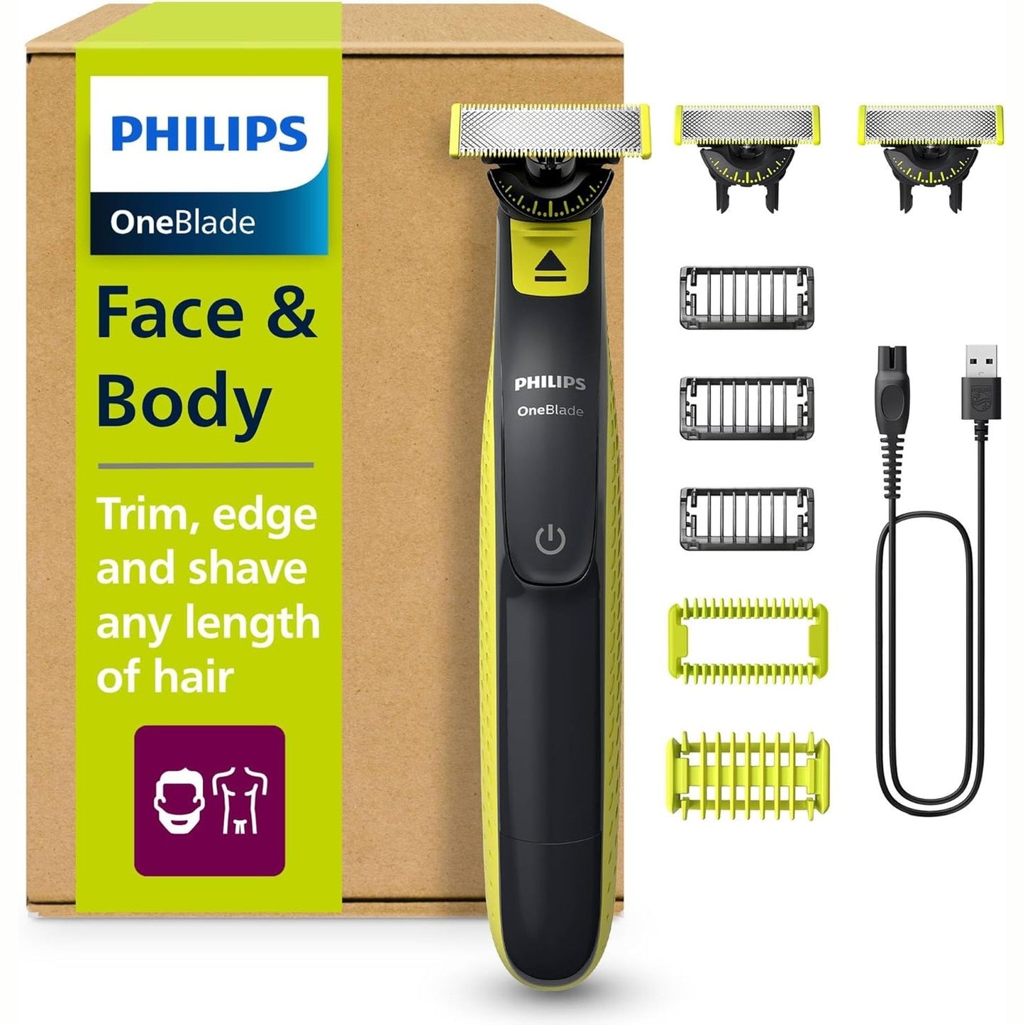 271266 - PHILIPS Prerës elektrik OneBlade 360, për fytyrën dhe trupin, 3 tehe 360, 3 krehër (1, 3, 5 mm), QP2824/31