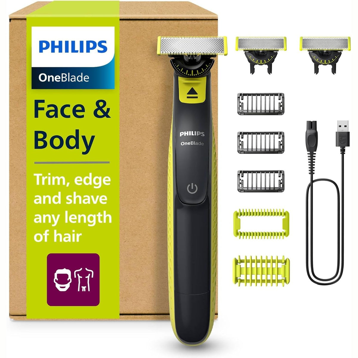 296662 - PHILIPS Prerës elektrik OneBlade 360 për fytyrën dhe trupin, 3 tehe 360, 3 krehër mjekre (1, 3, 5 mm), 1 komplet trupi, Modeli QP2824/31, Pesha: 200 g