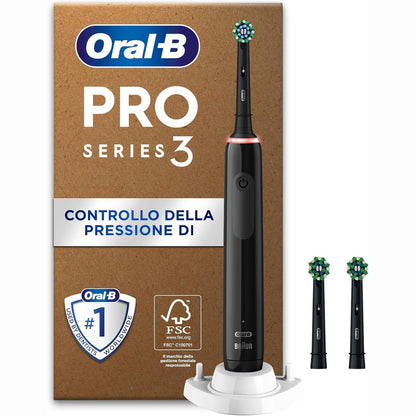 315761 - ORAL-B Furçë dhëmbësh elektrike Pro 3, 3 koka furçe, e zezë, dorezë e rikarikueshme, 3 mënyra larjeje, modalitet i ndjeshëm, kohëmatës, projektuar nga Braun