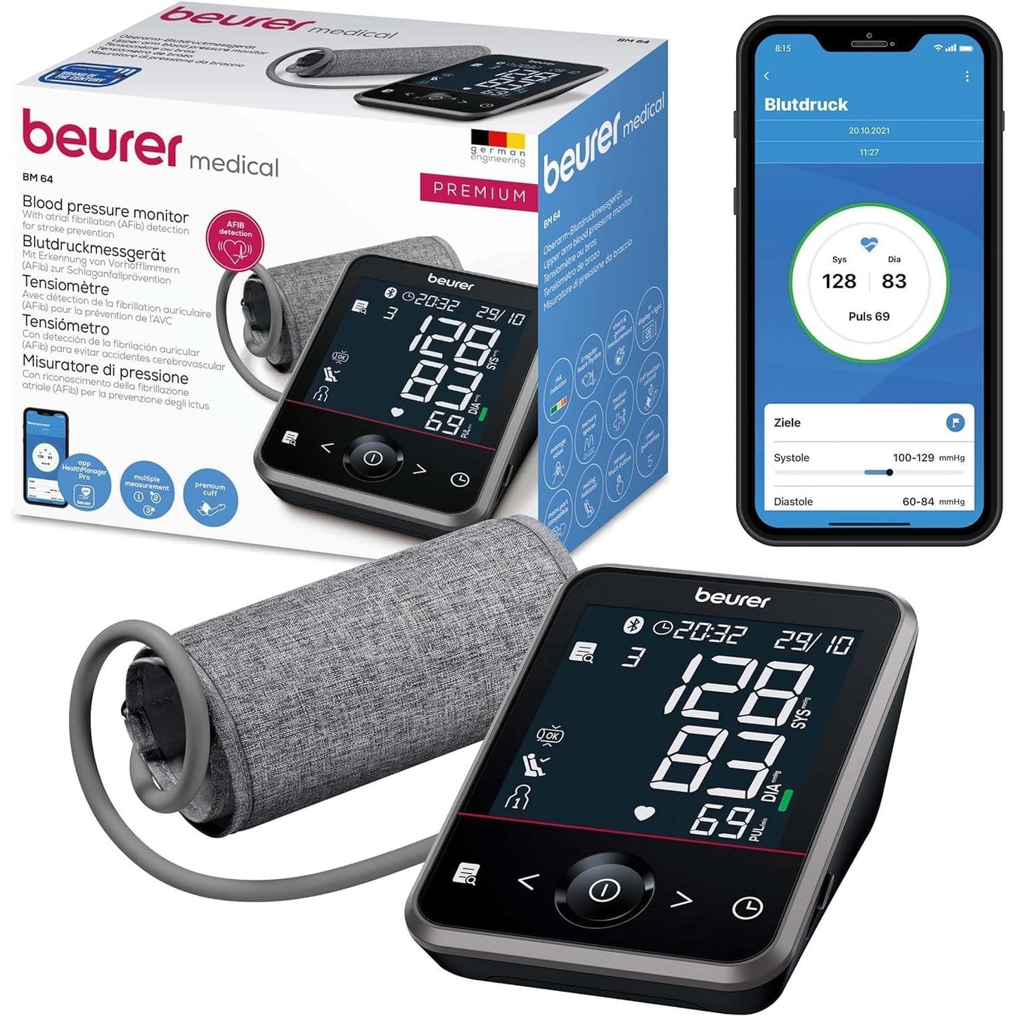 275000 - BEURER Monitor i tensionit të gjakut BM 64, Zbulim i AF, Manshetë 22-42 cm, me aplikacion, Transferim të dhënash në Apple Health