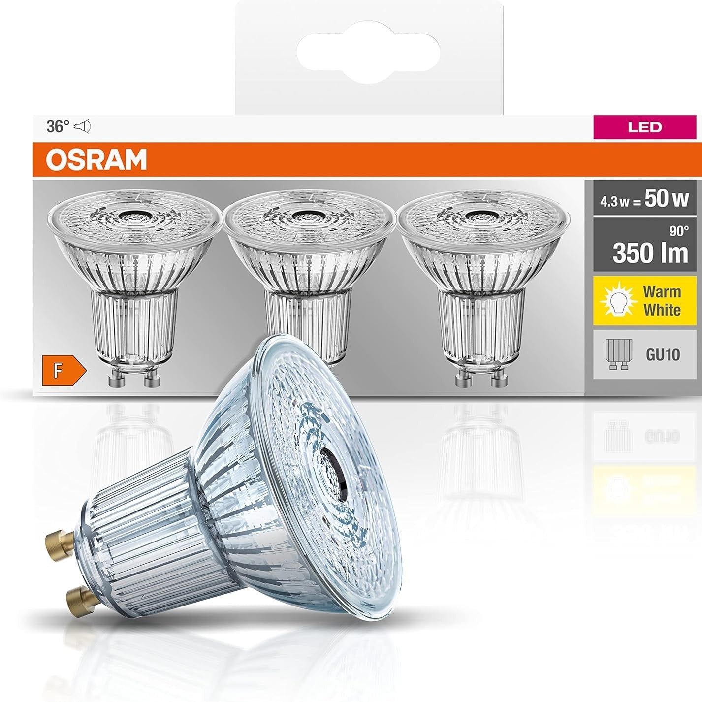 216727 - Osram Llambë reflektuese LED Base PAR16, bazë GU10, zëvendëson 4.3W, kënd rrezeje 36°, e bardhë e ngrohtë - 2700 Kelvin, 3 copë (1 pako)