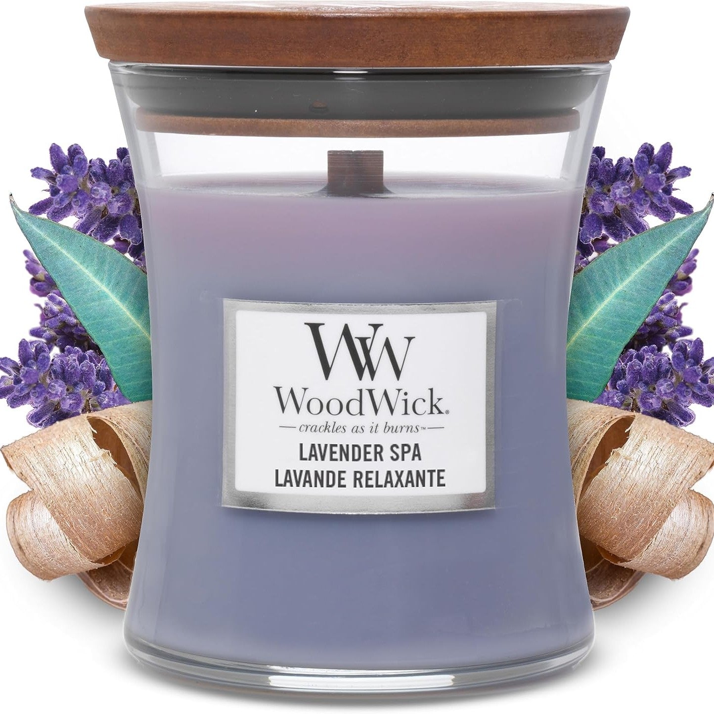 255879 - WOODWICK Qiri me aromë Lavender Spa, në formë gote me rërë, fitil kërcitës, koha e djegies deri në 60 orë
