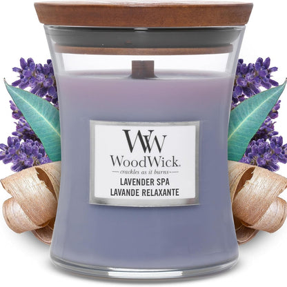 255879 - WOODWICK Qiri me aromë Lavender Spa, në formë gote me rërë, fitil kërcitës, koha e djegies deri në 60 orë