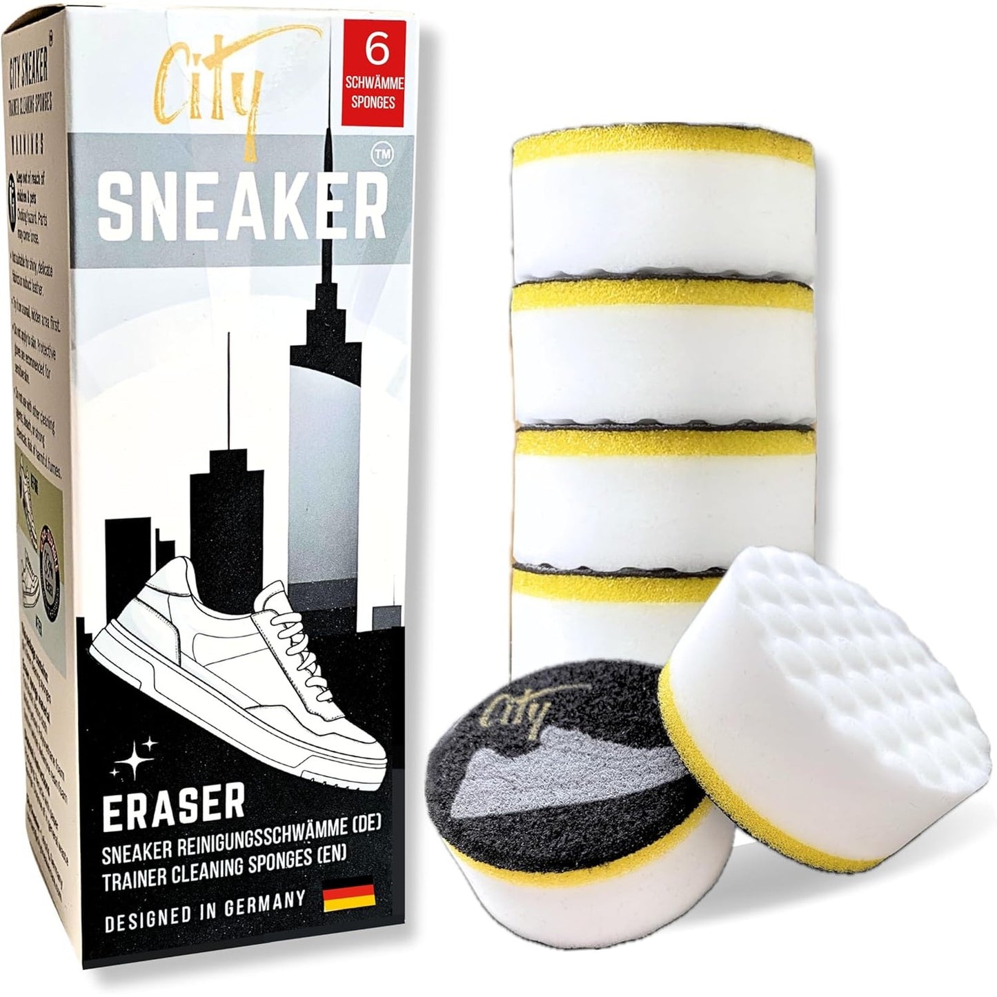 254148 - CITY Gomë për Atlete, sfungjer për gomë papastërtish, rezistencë superiore ndaj thyerjes, teknologji me 3 shtresa, sfungjer magjik për pastrues atletesh, pako me 6 copë.