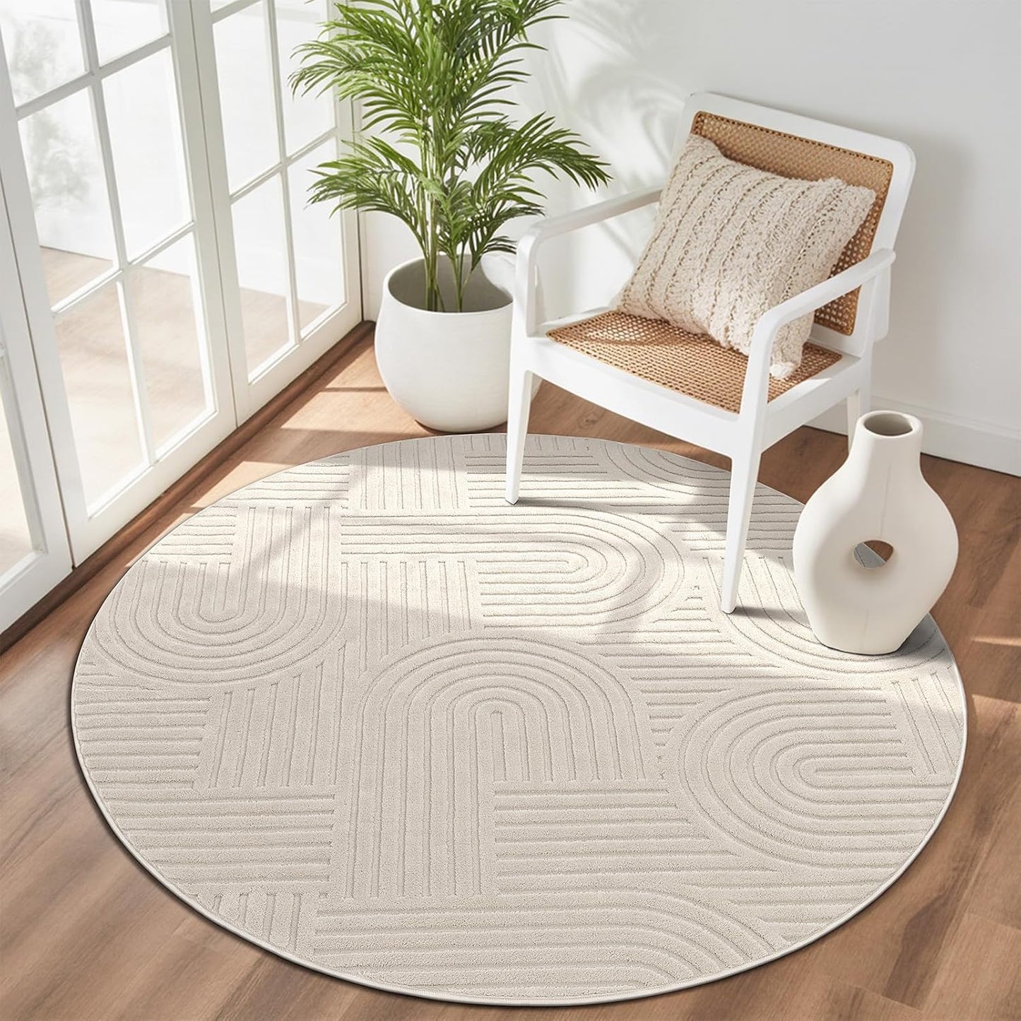 277463 - ENYHOM Qilim i rrumbullakët 120 cm, Qilim me push të shkurtër, Qilima modernë të larëshëm, Efekt 3D, Qilima jo-rrëshqitës, ngjyrë bezhë
