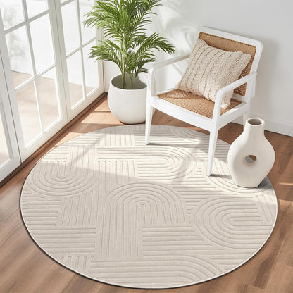 277463 - ENYHOM Qilim i rrumbullakët 120 cm, Qilim me push të shkurtër, Qilima modernë të larëshëm, Efekt 3D, Qilima jo-rrëshqitës, ngjyrë bezhë