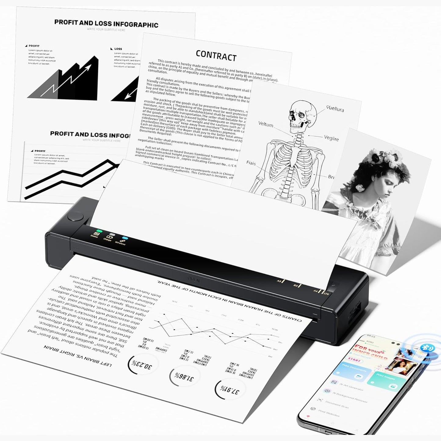 267908 - TATTMUSE Printeri Termik A4 Mbështet formatet A4/A5/B5, Printer Mobile Bluetooth, Printer Mësimi, Printer Faturash, Printer Portativ i Kompatibil me Telefonin, Printer Monokrom Udhëtimi, Vetëm Letër Termike