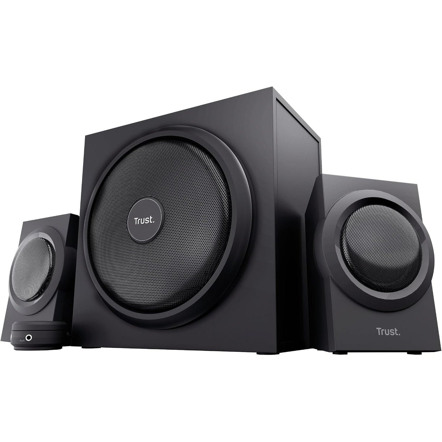 319599 - TRUST Sistem altoparlantësh për PC Yuri 2.1 me subwoofer druri, Fuqi maksimale 120W, Kontroll i volumit me kabllo, prizë kufjesh dhe lidhje linje, i zi