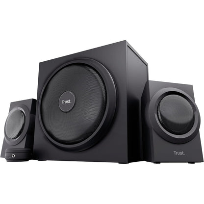 319599 - TRUST Sistem altoparlantësh për PC Yuri 2.1 me subwoofer druri, Fuqi maksimale 120W, Kontroll i volumit me kabllo, prizë kufjesh dhe lidhje linje, i zi