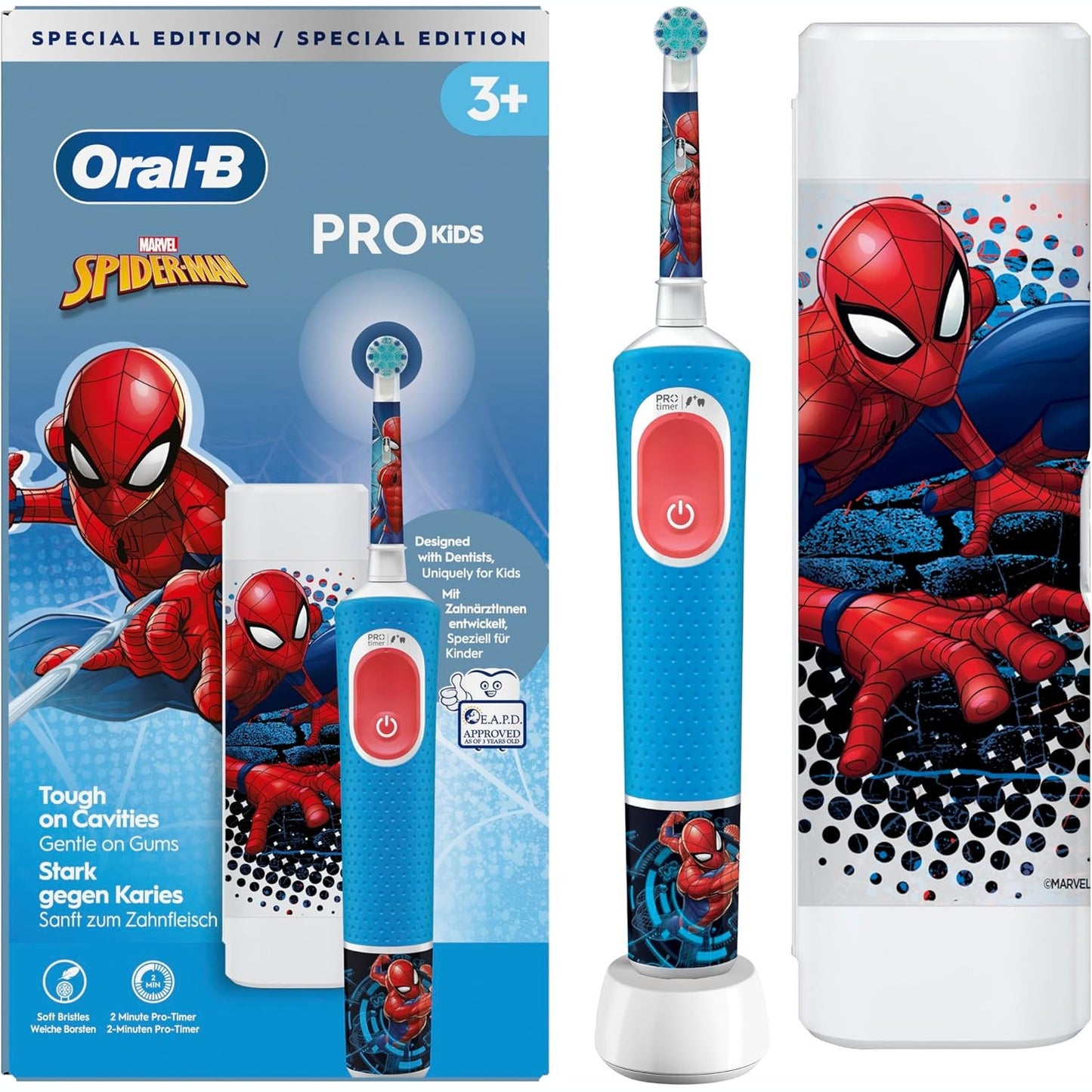 316317 - ORAL-B Furçë dhëmbësh elektrike Pro Kids Spiderman - Për fëmijë 3 vjeç e lart - Përfshin 1 kokë furçe dhe ngjitëse për furçë dhëmbësh, çantë udhëtimi - Blu/e kuqe
