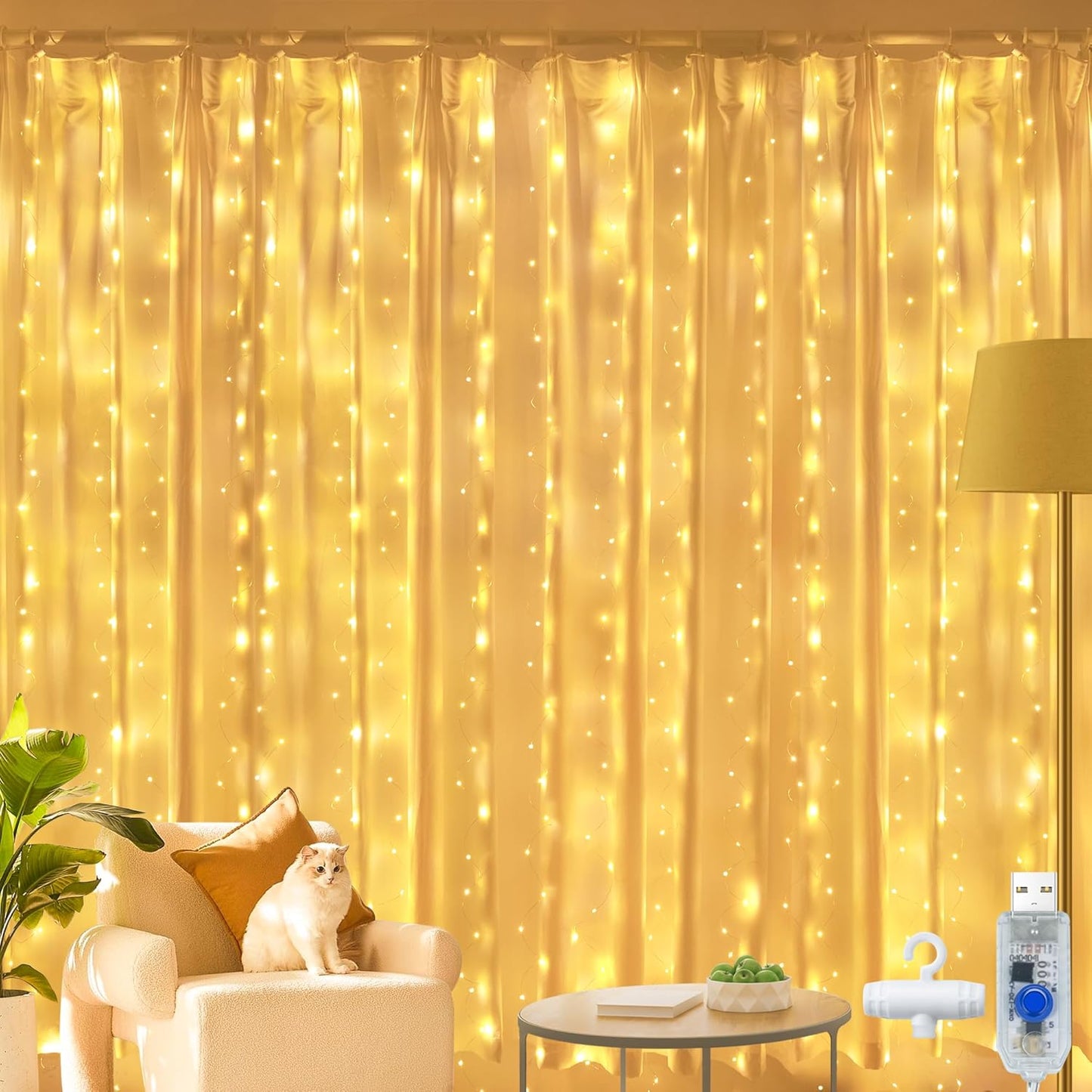 216699 - OLLNY Perde me Dritë LED 2x2m, 200 LED Drita me Tel USB të Bardha të Ngrohta, 10 Grepa, për Përdorim të Brendshëm dhe të Jashtëm, Dekorim për Ramazan, Dasëm, Festë