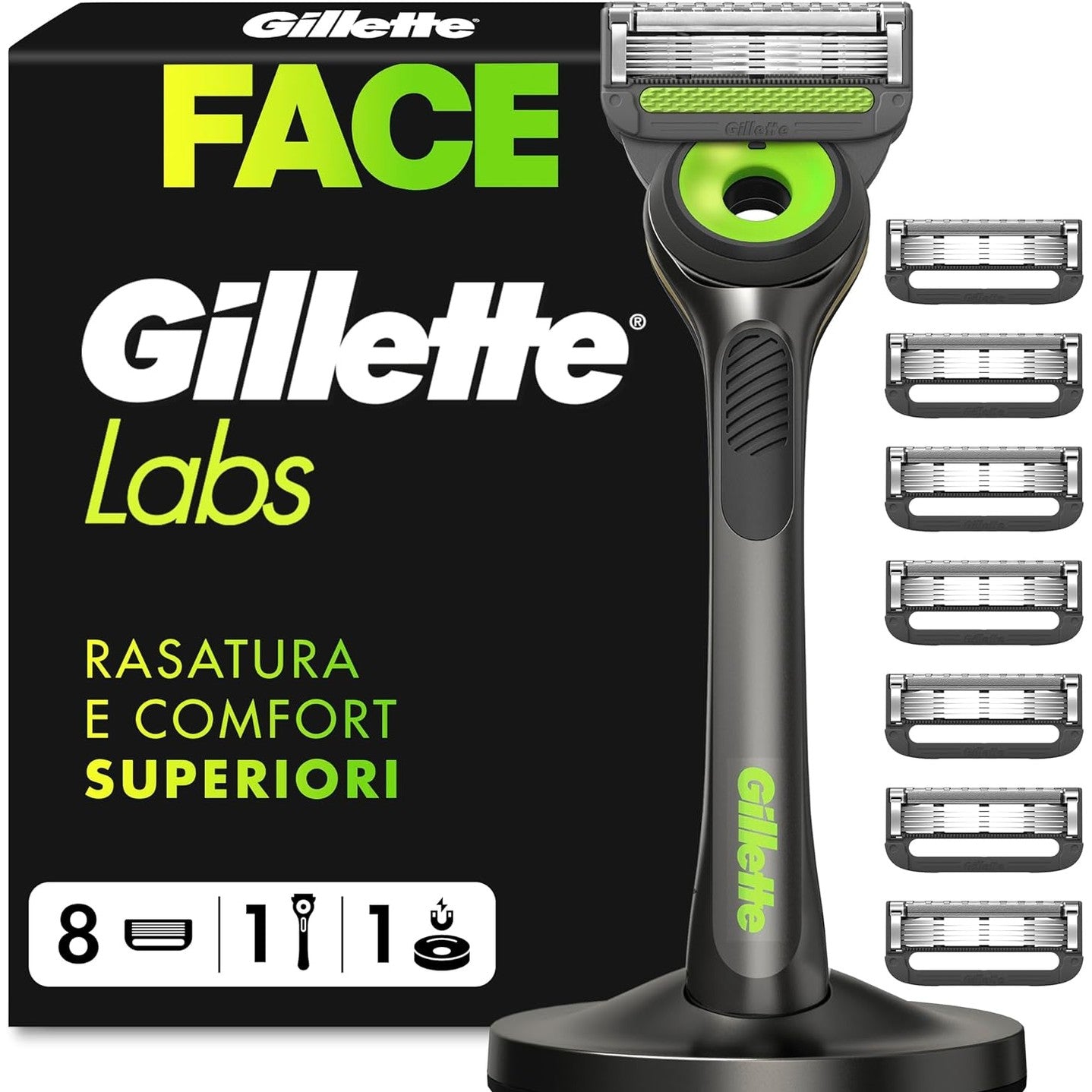 315781 - GILLETTE Brisk Gillette Labs për Burra, Brisk i Lagësht, Metalik, i Zi - përfshin 1 dorezë, 8 tehe brisku dhe një bazë magnetike