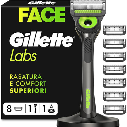 315781 - GILLETTE Brisk Gillette Labs për Burra, Brisk i Lagësht, Metalik, i Zi - përfshin 1 dorezë, 8 tehe brisku dhe një bazë magnetike