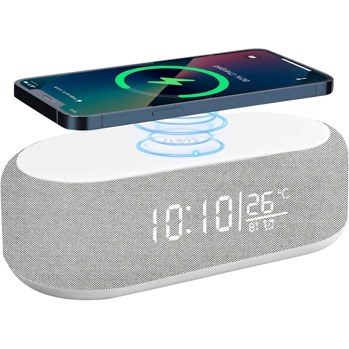 240417 - ORË DIXHITALE me zile, 15W, karikim pa tel për iPhone/Samsung, altoparlant Bluetooth, 9 ngjyra, ekran temperature