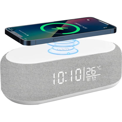 240417 - ORË DIXHITALE me zile, 15W, karikim pa tel për iPhone/Samsung, altoparlant Bluetooth, 9 ngjyra, ekran temperature