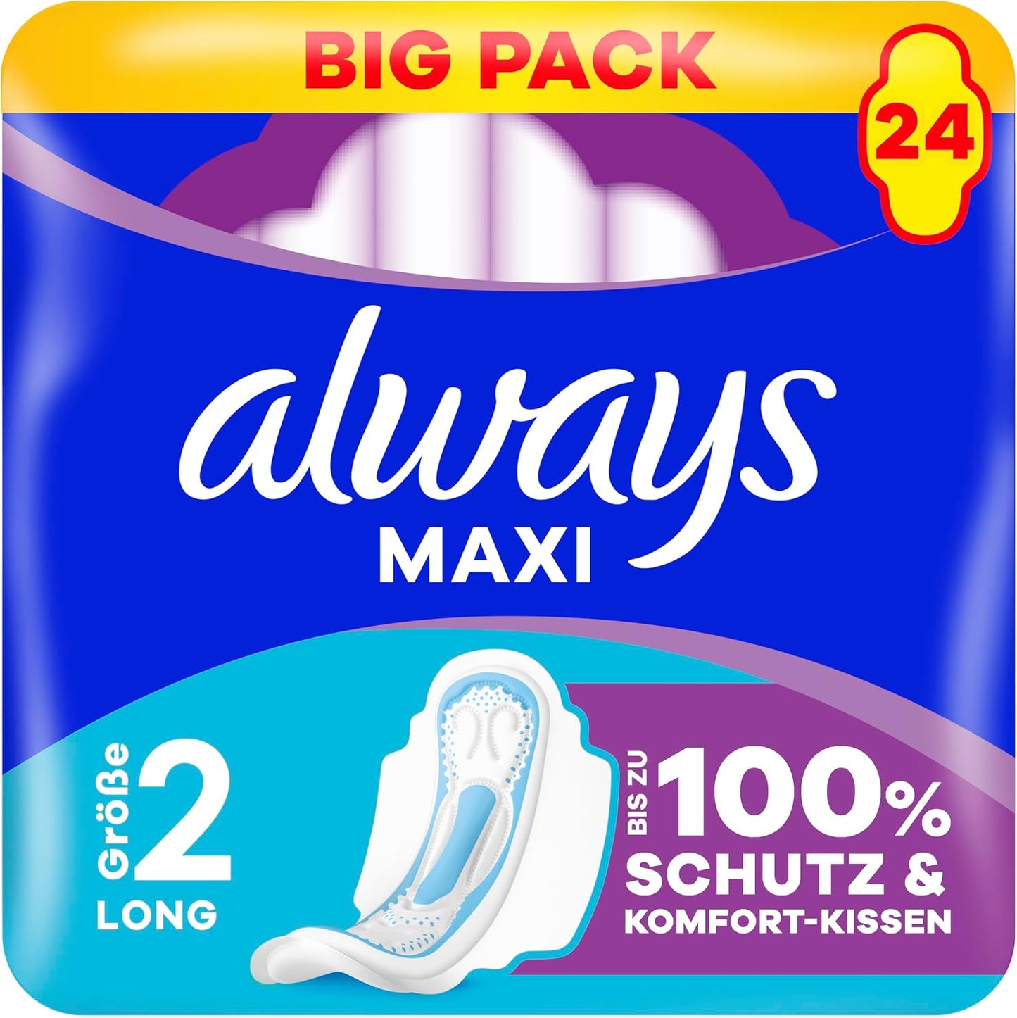 275977 - ALWAYS - Peceta higjienike Maxi Long (Madhësia 2), 24 copë, për ditë me rrjedhje më të rëndë, deri në 100% mbrojtje