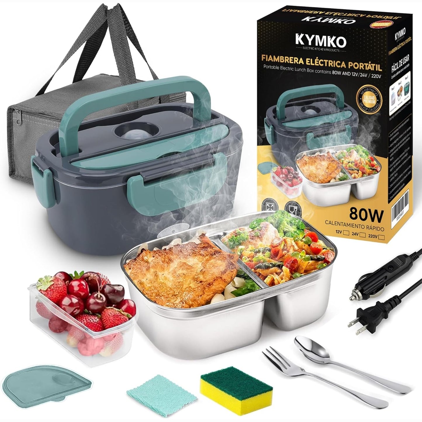 224074 - KYMKO Kuti Dreke Elektrike për Makinë dhe Kamion, 12V/24V/220V, 1.5L, Çelik Inoks, për ngrohjen e ushqimit, përfshin takëm, qese mbajtëse, sfungjer dhe peshqir.