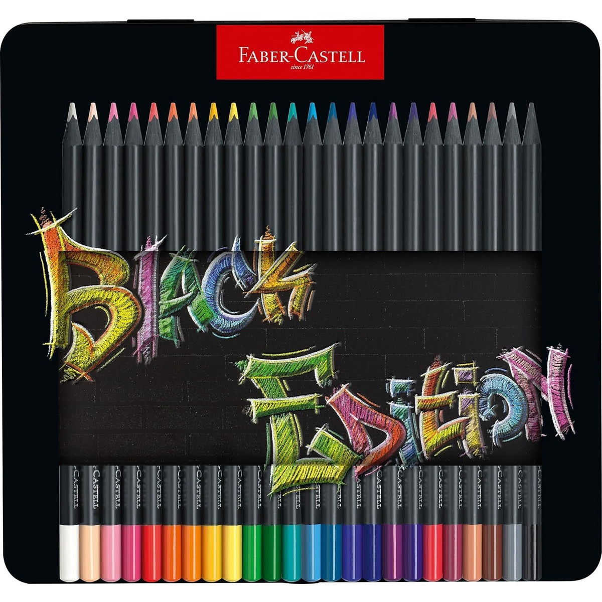299837 - FABER-CASTELL Lapsa me ngjyra 116425 Black Edition, kuti metalike me 24 pjesë, rezistente ndaj thyerjes, dorezë ergonomike