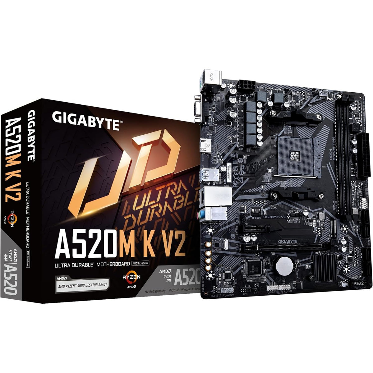 295132 - GIGABYTE Pllaka amë A520M K V2 - Mbështet procesorët AMD Ryzen 5000 Series AM4, deri në 5100MHz DDR4 (OC), PCIe Gen3 x4 M.2, GbE LAN, USB 3.2 Gen 1