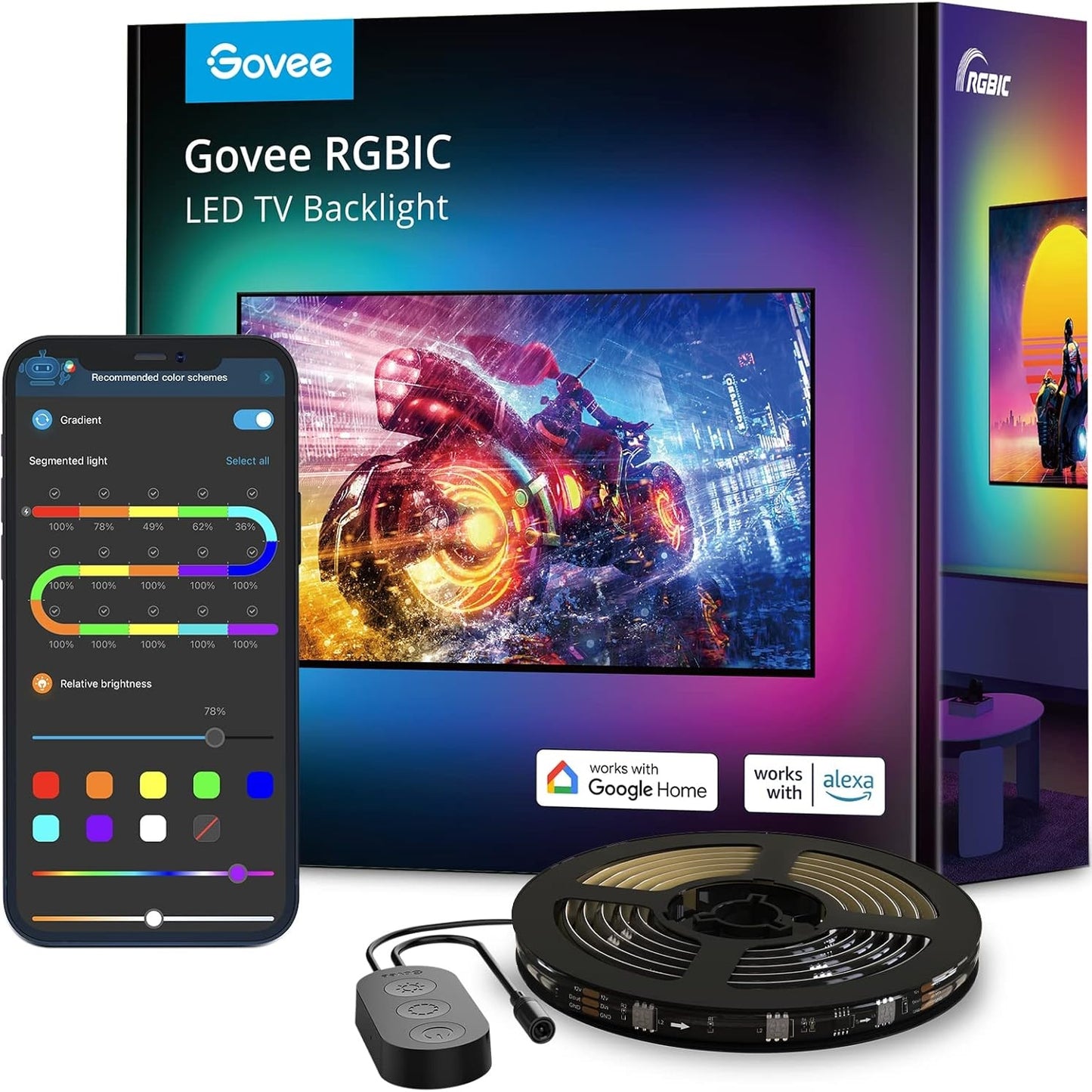 251116 - GOVEE Ndriçim Prapa LED për TV, Shirit LED RGBIC, 3.8 m, për TV 55-65 inç, Kontroll Bluetooth dhe Wi-Fi, Funksionon me Alexa dhe Google Assistant