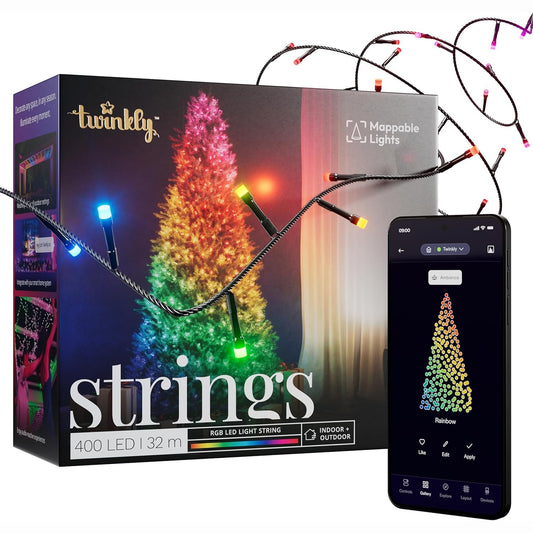 187043 - TWINKLY STRINGS - Drita 400 LED RGB, për Ambient të Jashtëm dhe të Brendshëm, IP44, Kompatibël me Alexa dhe Google Home, Kontroll përmes Aplikacionit, Tel i Zi, 32m