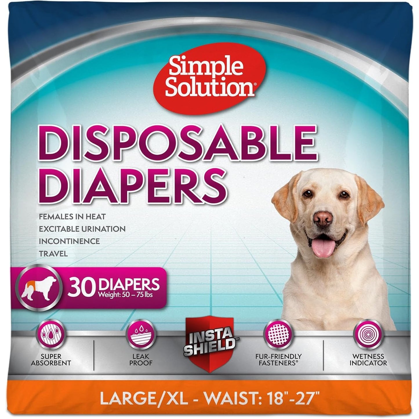 251543 - SIMPLE SOLUTION Pelena të disponueshme për qen femra – Super Thithëse me Tregues Lagështie – L/XL (Bel 45.7–68.6 cm) – 30 copë