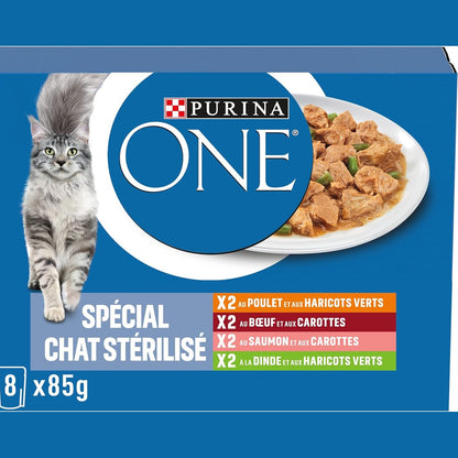 217364 - PURINA ONE BIFENSIS Mace e rritur e sterilizuar, Mbështet vitalitetin, muskujt dhe nyjet e maces, E grirë në salcë, Mish pule, viçi, salmon, gjeldeti, Qese freskie, Pako me 10 (8 x 85g)