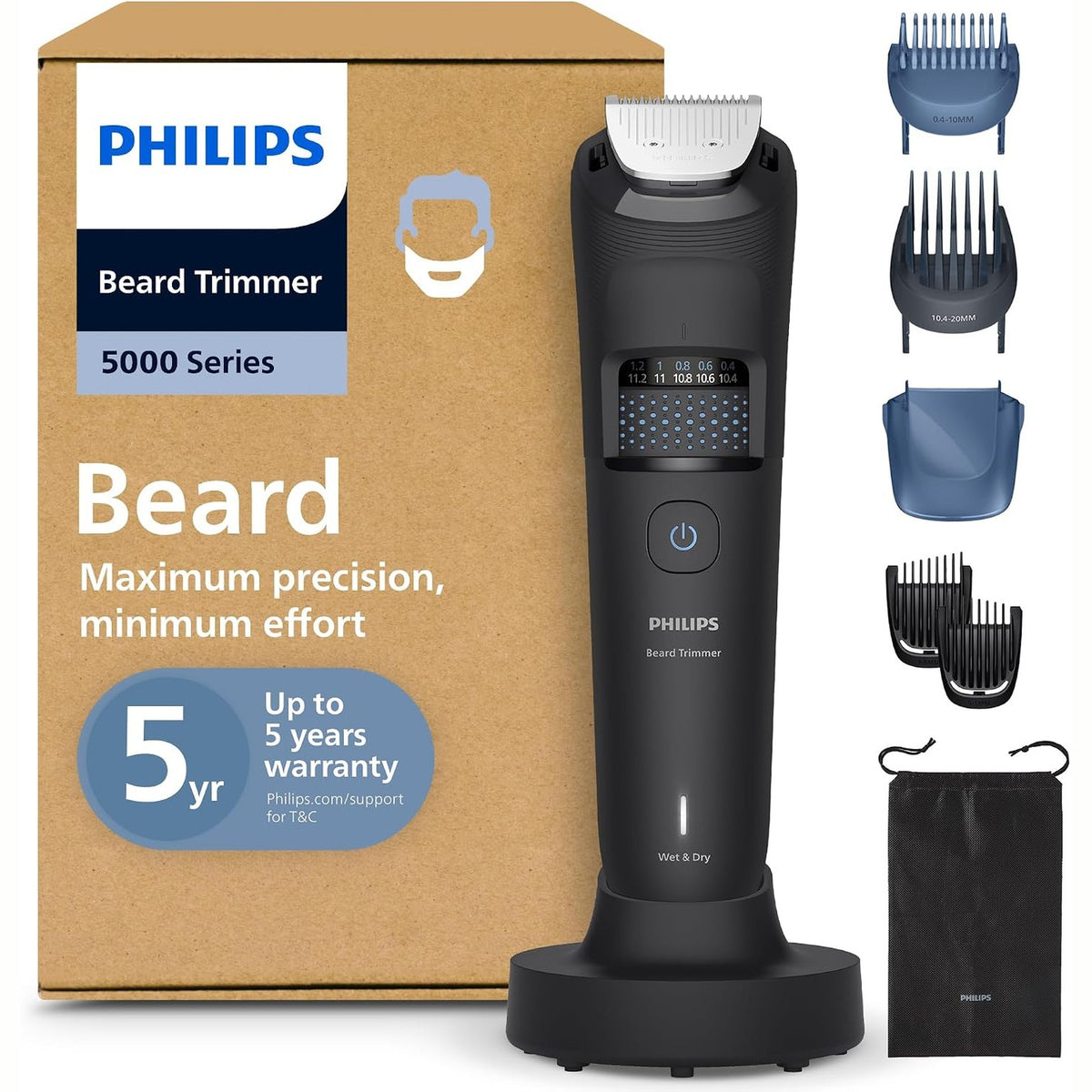 297958 - PHILIPS Makinë prerëse për mjekër Seria 5000, tehe metalike vetëmprehëse, 40 cilësime gjatësie, teknologji BeardSense, 100% rezistente ndaj ujit, BT5785/30.