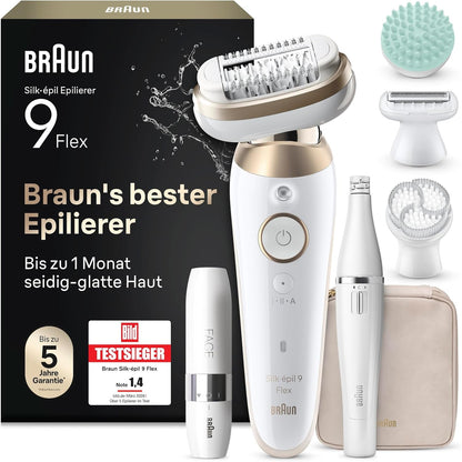 271008 - BRAUN Depilator elektrik Silk-Épil 9 Flex Skinspa për femra, kokë fleksibile 360°, për depilim të lehtë, lëkurë të lagësht dhe të thatë, 9-681 3d, e bardhë/e artë