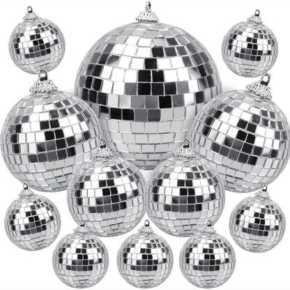 252704 - MytaYt Top Pasqyre me 12 Pjesë, Top Disko i Varur prej Argjendi, Mini Top Disko për Dekorimin e Pemës së Krishtlindjeve (10/7/5/3/2cm)