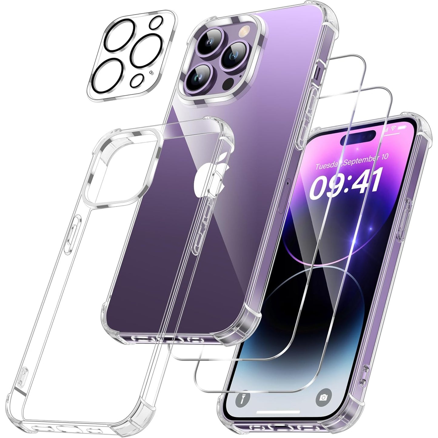 269388 - FLLAO Mbulesë 4-në-1 për iPhone 14 Pro me 2 mbrojtës ekrani prej qelqi të temperuar dhe 1 mbrojtës kamere, Jastikë ajri i integruar, Mbulesë mbrojtëse parakolpi, rezistente ndaj goditjeve, rezistente ndaj gërvishtjeve për iPhone 14 Pro 6.1"