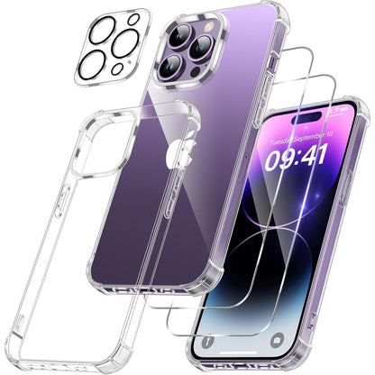 269388 - FLLAO Mbulesë 4-në-1 për iPhone 14 Pro me 2 mbrojtës ekrani prej qelqi të temperuar dhe 1 mbrojtës kamere, Jastikë ajri i integruar, Mbulesë mbrojtëse parakolpi, rezistente ndaj goditjeve, rezistente ndaj gërvishtjeve për iPhone 14 Pro 6.1"