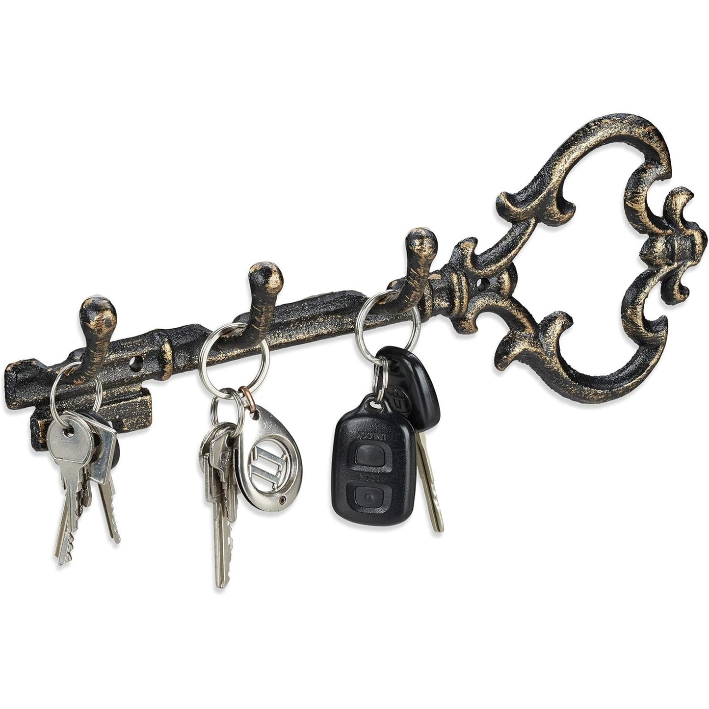 263719 - RELAXDAYS Raft Çelësash, 3 grepa, formë çelësi dekorativ, gize, HWD 12.5 x 33 x 4.5 cm, e zezë-Ar, bronz