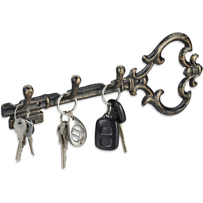 263719 - RELAXDAYS Raft Çelësash, 3 grepa, formë çelësi dekorativ, gize, HWD 12.5 x 33 x 4.5 cm, e zezë-Ar, bronz