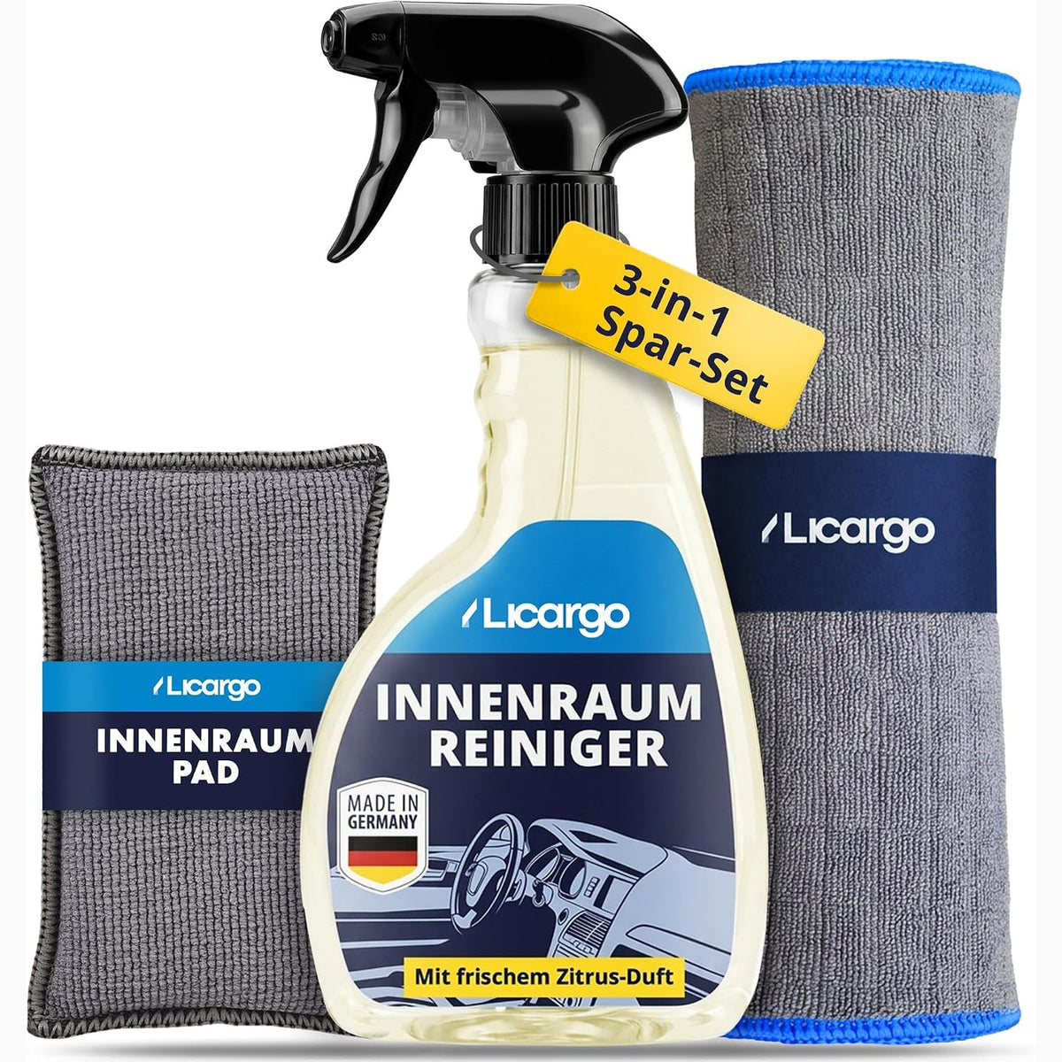 314712 - LICARGO Set Pastrues për Brendësinë e Makinës (500ml) + Sfungjer + Pëlhurë Mikrofibre 380GSM